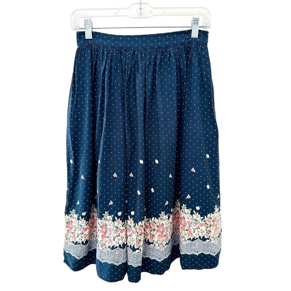 COMME TOI | Navy Polka Dot Floral Midi Skirt Cottagecore | Medium